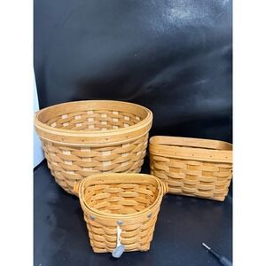 Longaberger Basket Set Handwoven 3 Piece Woven Wood Storage Organization Decor
